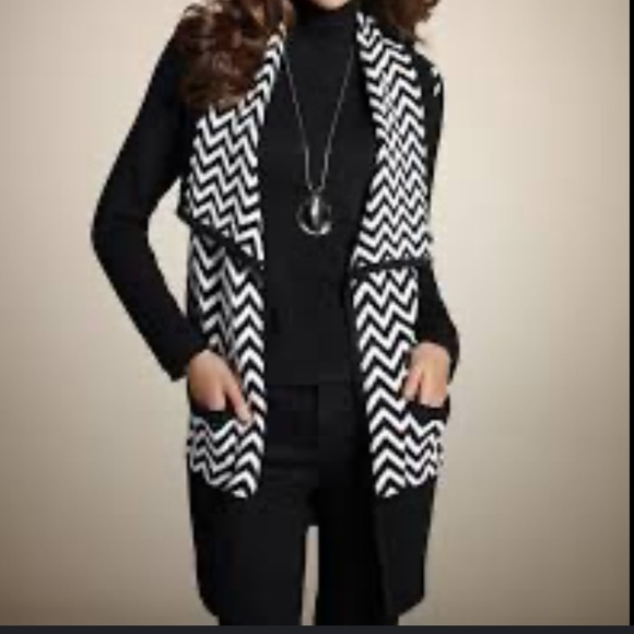 Chicos Cardigan Black White Chevron Retro Rays Contrast Trim - Picture 1 of 5